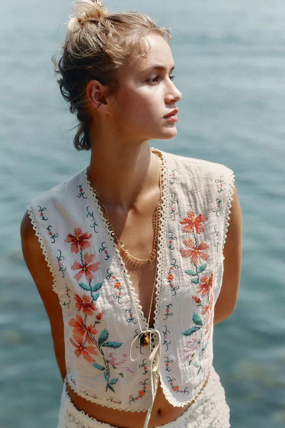 FLORAL EMBROIDERY COTTON VEST | Zara US
