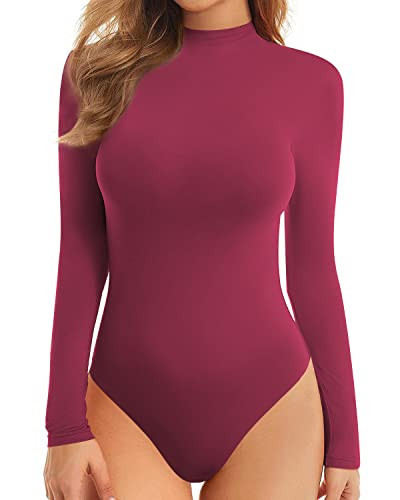 MANGOPOP Mock Turtle Neck Double Lined Long Sleeve Body Suits for Women Basic Body Suit Going Out Tops, Burgundy, Small | Amazon (US)