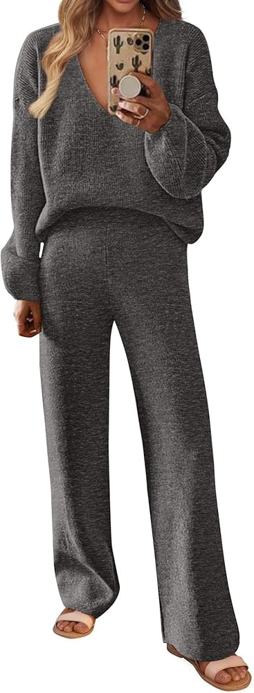 KIRUNDO Womens 2 Piece Sweater Sets 2025 Fall Winter Long Sleeve Knit Pullover and Wide Leg Pants... | Amazon (US)