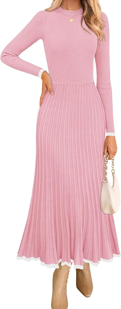 ZESICA Women's Long Sleeve Sweater Dress 2024 Fall Crewneck Ribbed Knit Pleated A-Line Maxi Weddi... | Amazon (US)