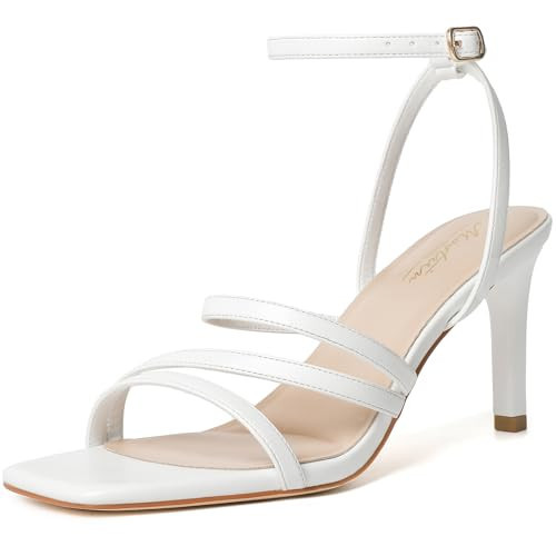 Mostrin White Strappy Heels for Women Ankle Strap Lace Up Square Open Toe Heels Sexy Stiletto High Heeled Sandals for Party Wedding Size 11.5 | Amazon (US)