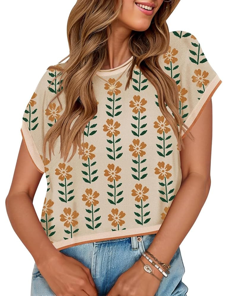 ZESICA Womens Summer Casual Printed Tops Cap Sleeve Crew Neck Cute Knit Sweaters 2025 Trendy Clot... | Amazon (US)