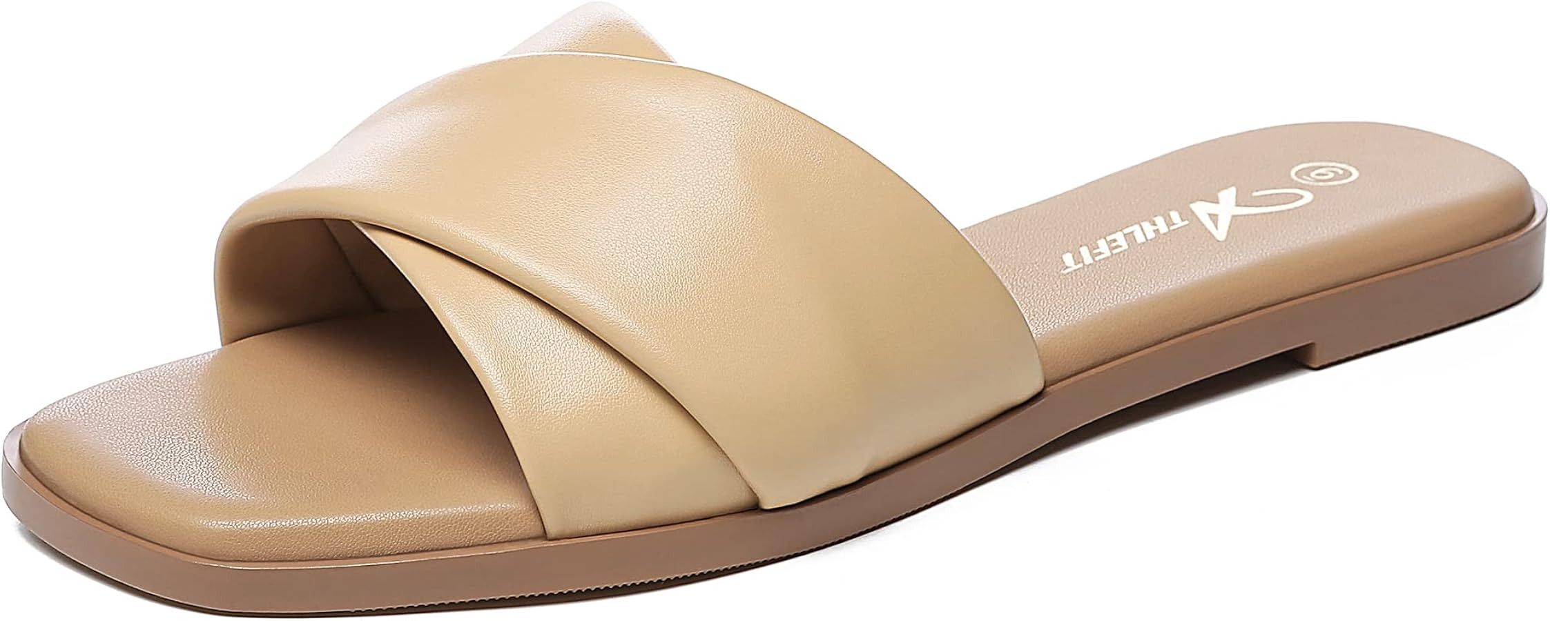 Athlefit Women's Summer Flat Sandals Slip On Square Toe Soft Leather Slide Sandals | Amazon (US)