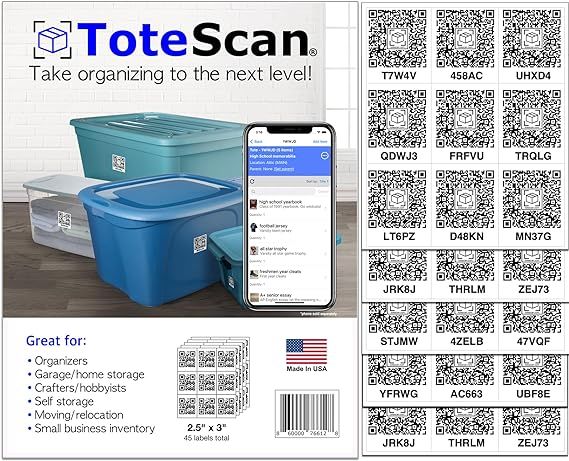 ToteScan Intelligent QR Labels for Organization/Moving/Storage (45 Unique Labels, 2.5"x3") | Amazon (US)