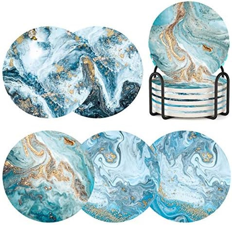 Coasters for Drinks with Holder Set of 6,Marble Blue Ocean Style Absorbent Ceramic Coasters with ... | Amazon (US)