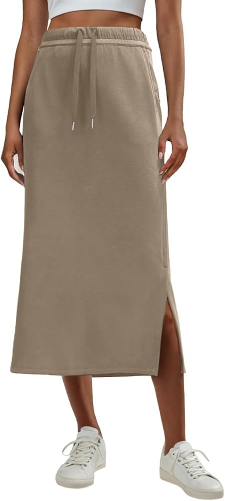 Lepunuo Casual Maxi Skirts for Womens High Waist Trendy Drawstring Side Slit Skirts with Pockets | Amazon (US)