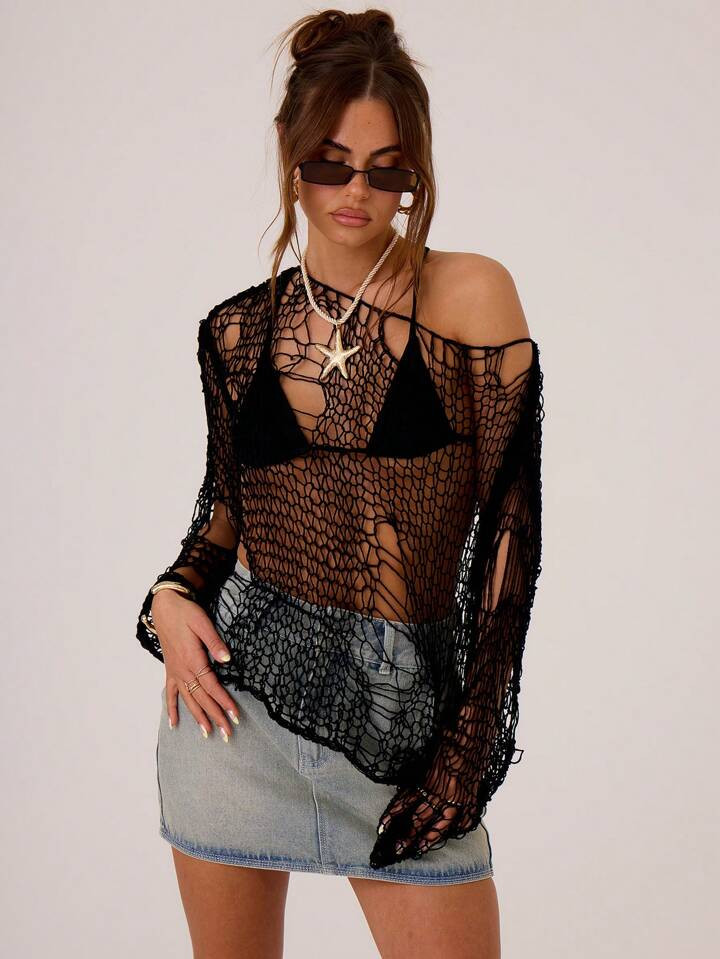 MUSERA Beach Vacation Women Fashion Distressed Knitted Top | SHEIN