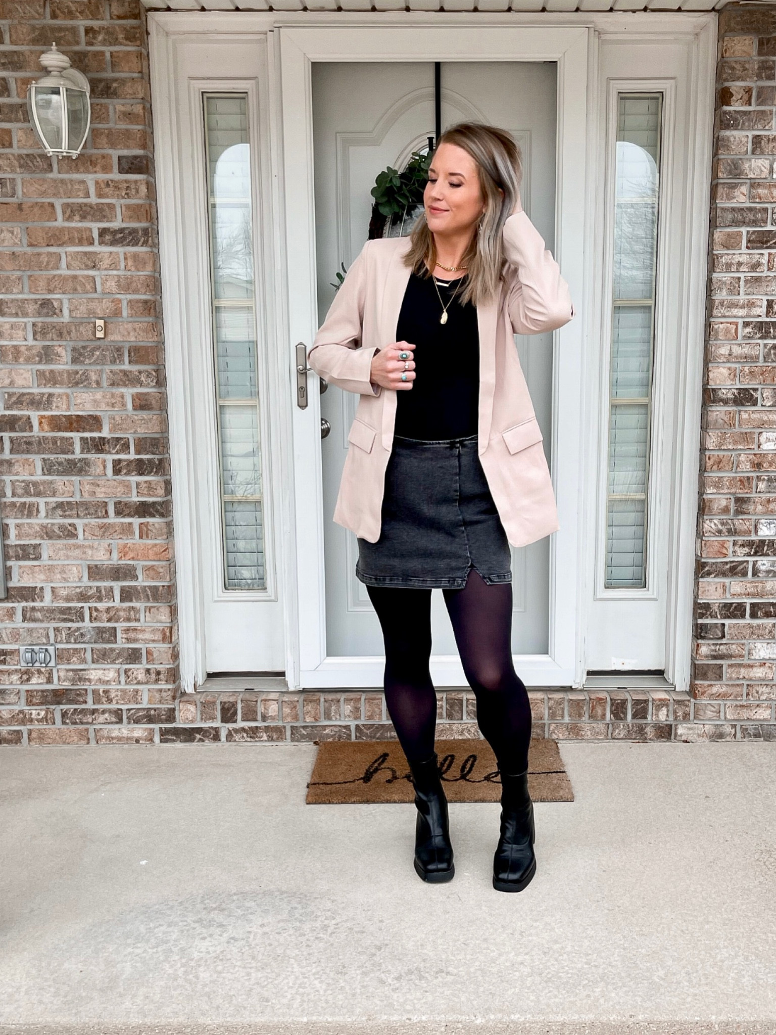 Women’s Valentines Day Outfit Idea | Amazon Blazer find under $40! | Abercrombie bodysuit | Target black denim skirt, tights and booties 

#amazonfinds #amazonstyle #targetstyle #valentinesday #outfitinspo

#LTKshoecrush #LTKunder50 #LTKstyletip