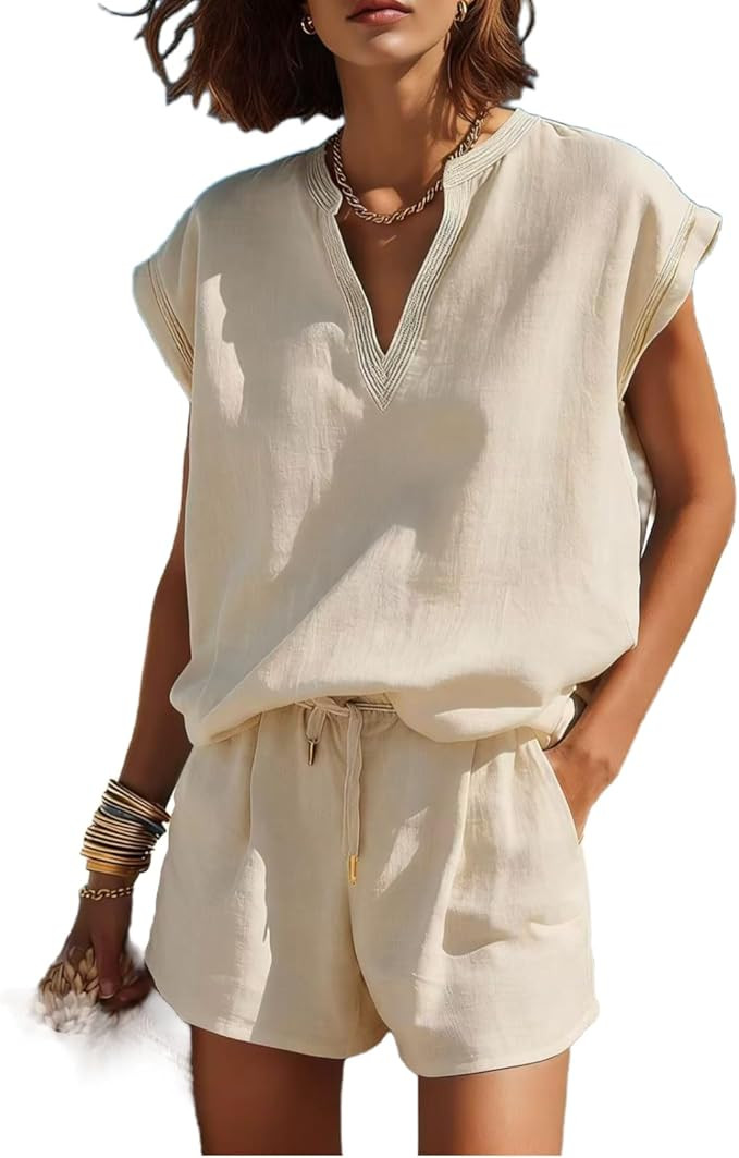 REASERAL Womens Casual 2 Piece Outfits Cap Sleeve V Neck Top and Shorts Sets Loose Fit Beach Vaca... | Amazon (US)