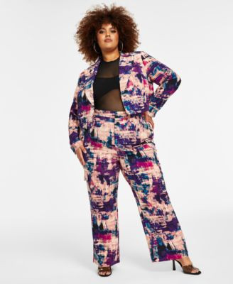Nina Parker Trendy Plus Size Printed Cropper Blazer Sheer Mesh Top Printed Wide Leg Pants | Macys (US)