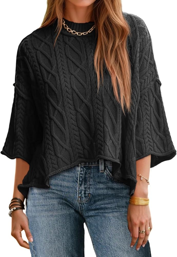 Saodimallsu Womens Cable Knit Cropped Sweaters Oversized 3/4 Sleeve Crew Neck Fall Casual Pullove... | Amazon (US)