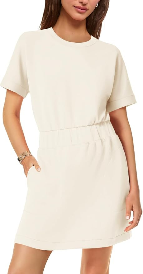 SENSERISE Womens Short Sleeve T Shirt Dresses Crew Neck Solid Color Basic Smocked Waist Dress wit... | Amazon (US)