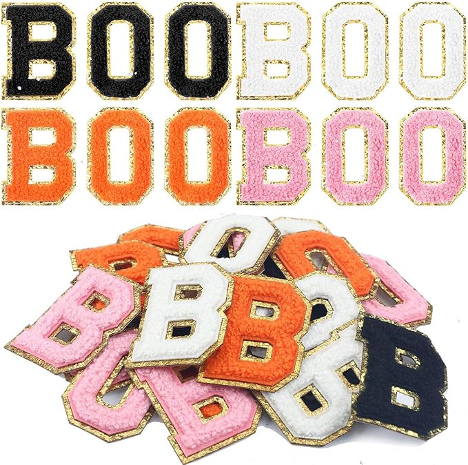24 Pcs Halloween Boo Iron on Patches Sew on Chenille Letter Patches Self Adhesive Glitter Embroid... | Amazon (US)