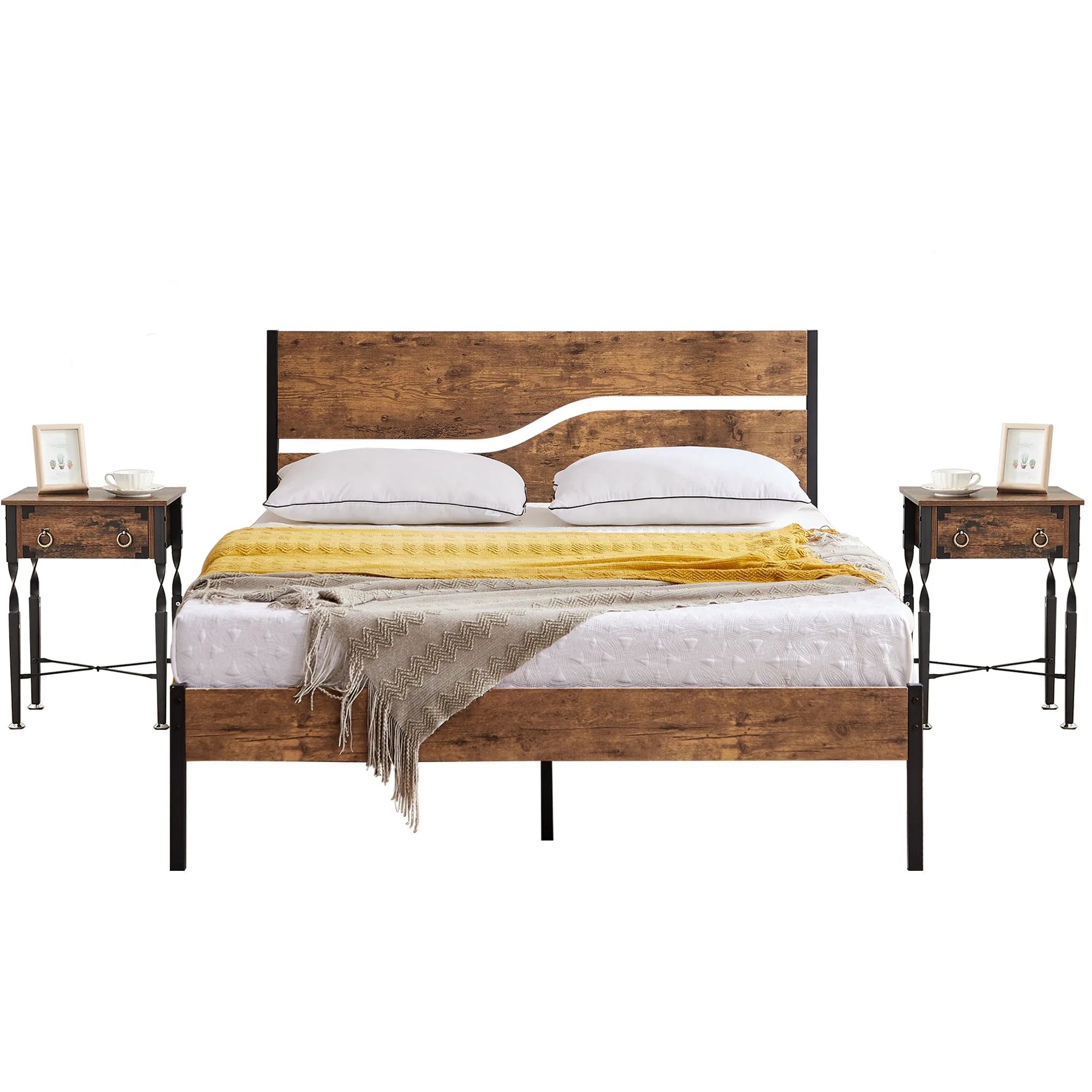 Taomika Industrial Bedroom Set of 3 with Platform Bed Frame and Nightstands Set of 2 | Bed Bath & Beyond