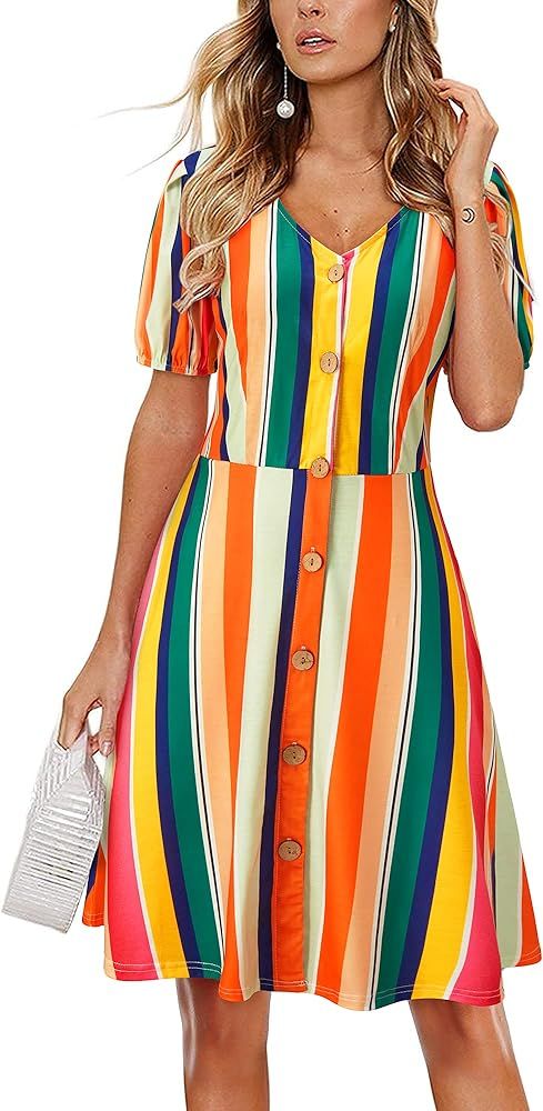 LAISHEN Women's V Neck Short Sleeve Casual Summer Dress Button Down Knee Length Floral Sundress | Amazon (US)