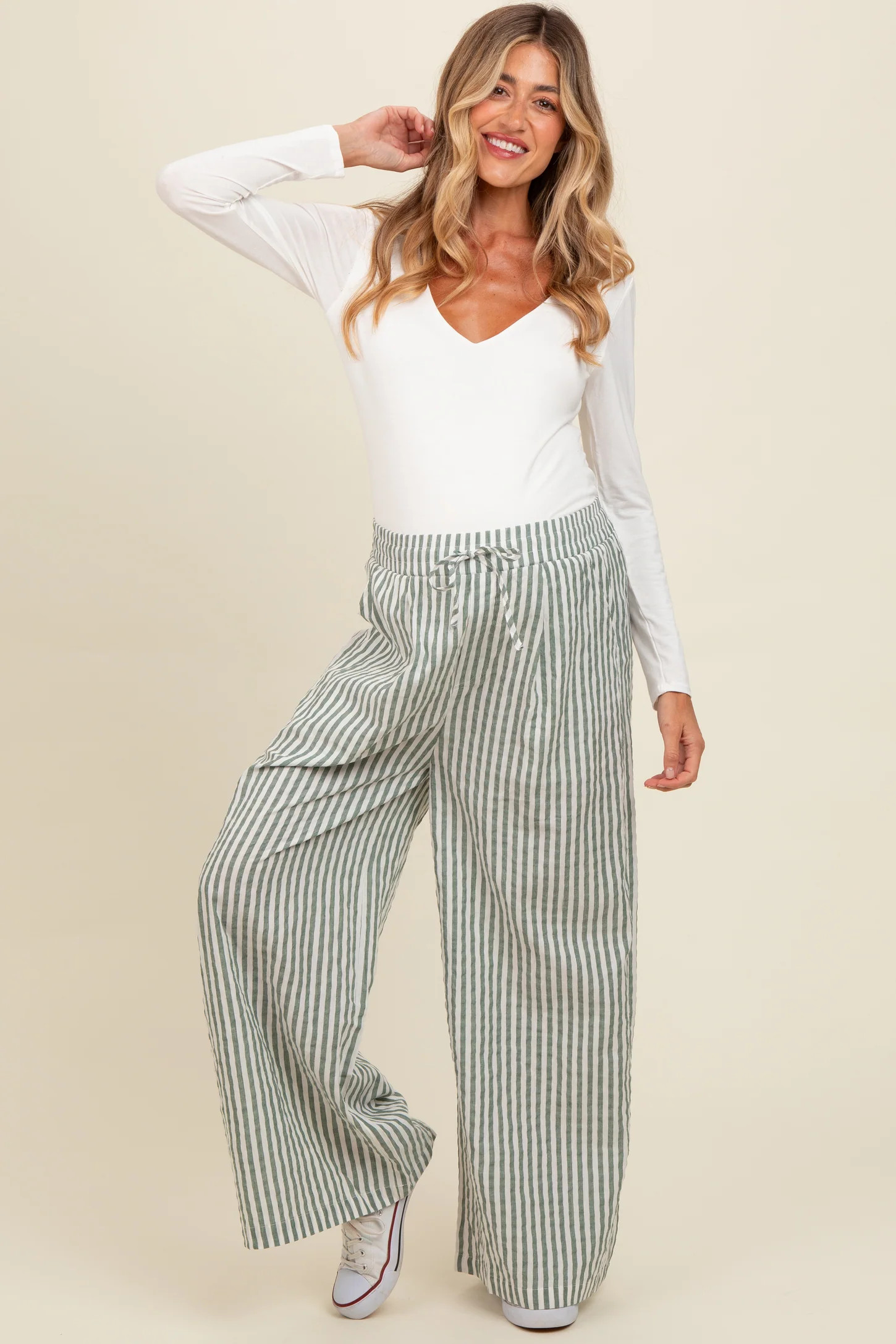 Light Olive Striped Wide Leg Maternity Pants | PinkBlush Maternity