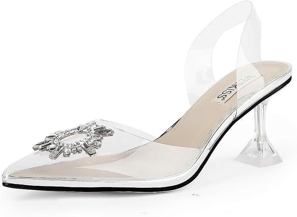 wetkiss Women's Clear Heels Shoes, Transparent PVC Crystal Rhinestones Slingback Wedding Shoes Po... | Amazon (US)