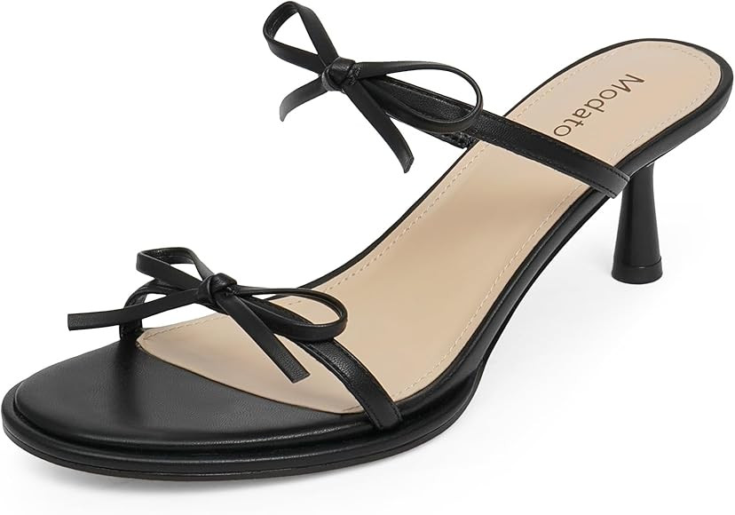 Modatope Two Strap Bow Tie Kitten Heel Sandals for Women Rounded Open Toe Heeled Sandals Women | Amazon (US)