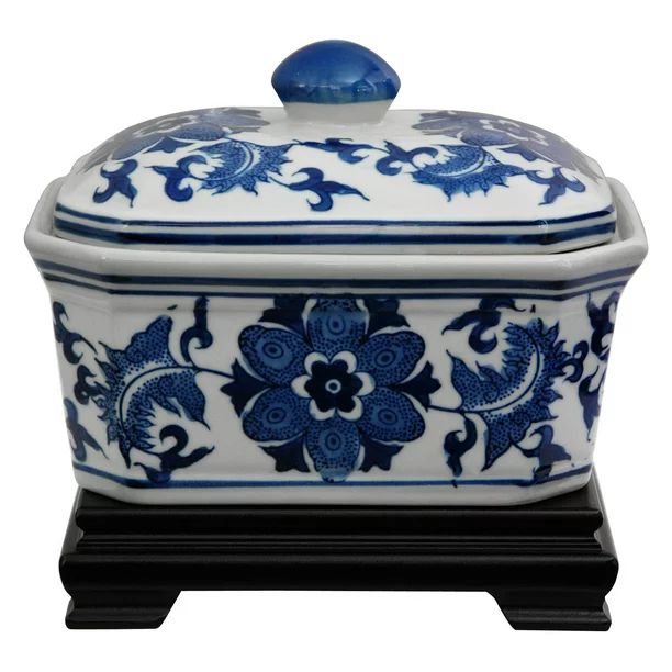 Oriental Furniture 8" Floral Blue & White Porcelain Covered Jar, decorative item | Walmart (US)