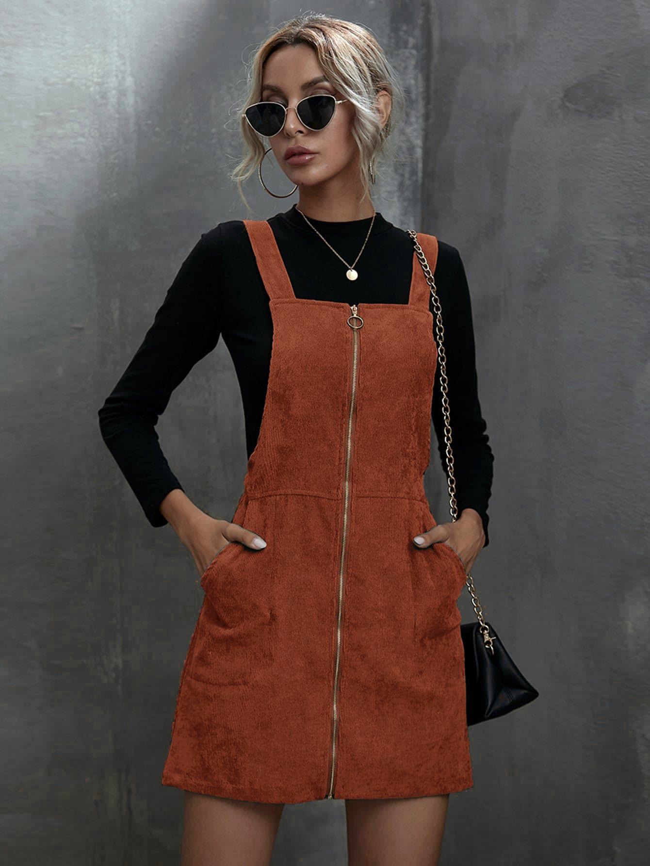 SHEIN LUNE Corduroy O-Ring Zipper Mini Overall Dress | SHEIN