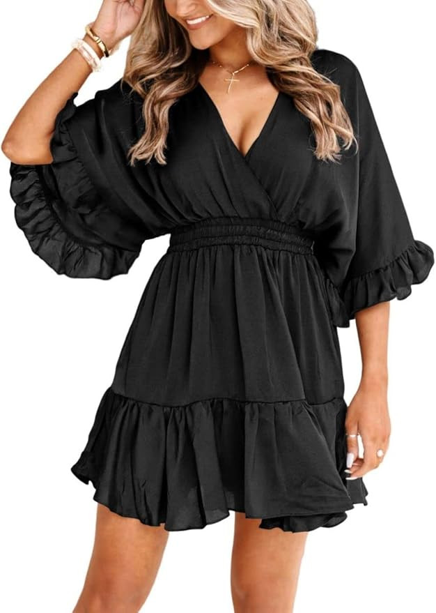 Aoysky Womens V Neck Casual Dresses Summer Loose High Waist Ruffle Pleated Cute Mini Short Dress | Amazon (US)