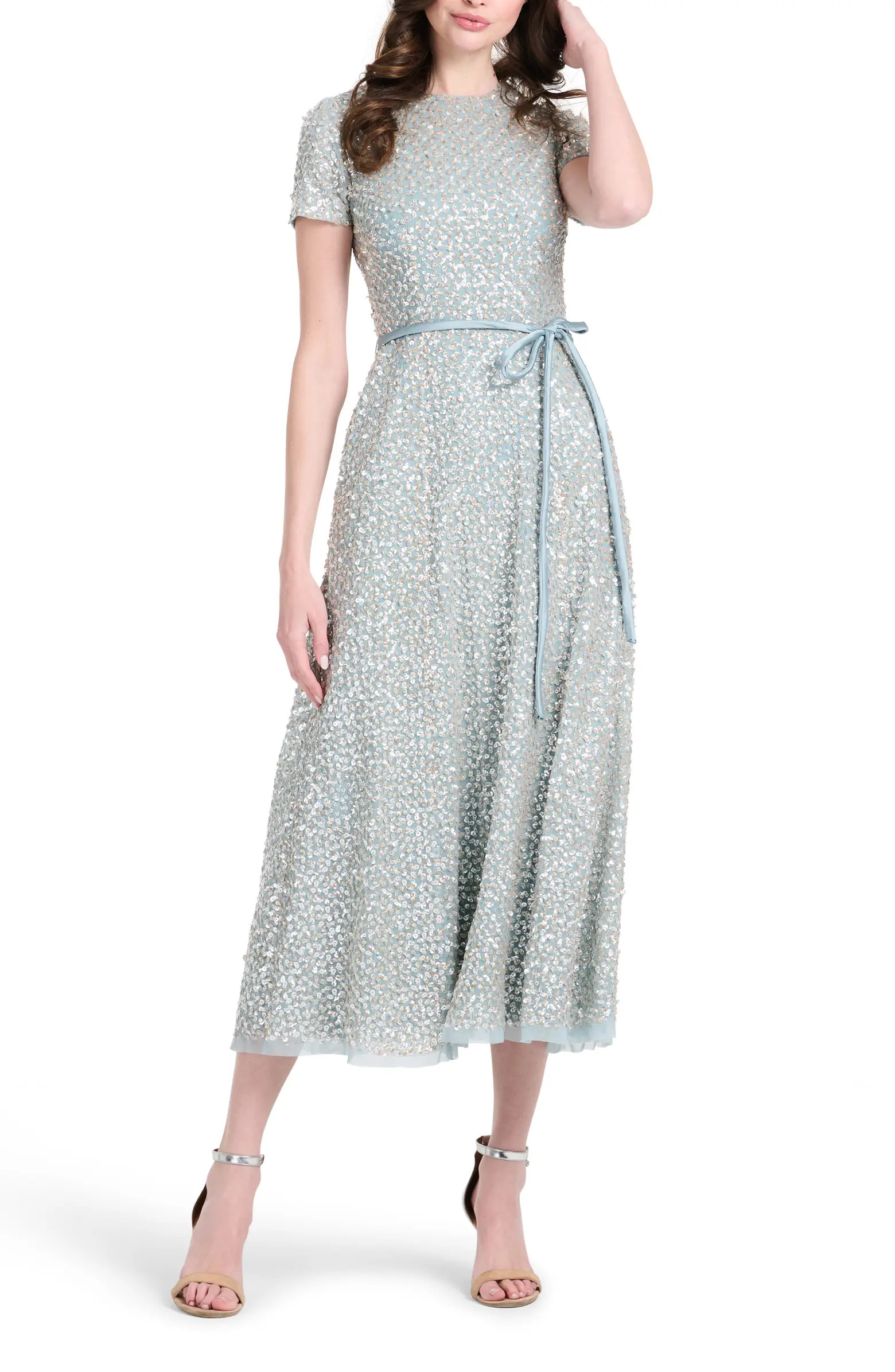 EMILY SHALANT Sequin Encrusted Translucent Tie Waist Cocktail Dress | Nordstrom | Nordstrom