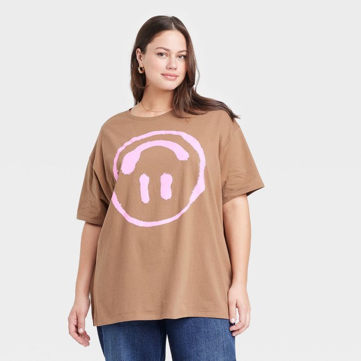 Women's Upside Down Smiley Oversized Short Sleeve Graphic T-Shirt - Brown | Target