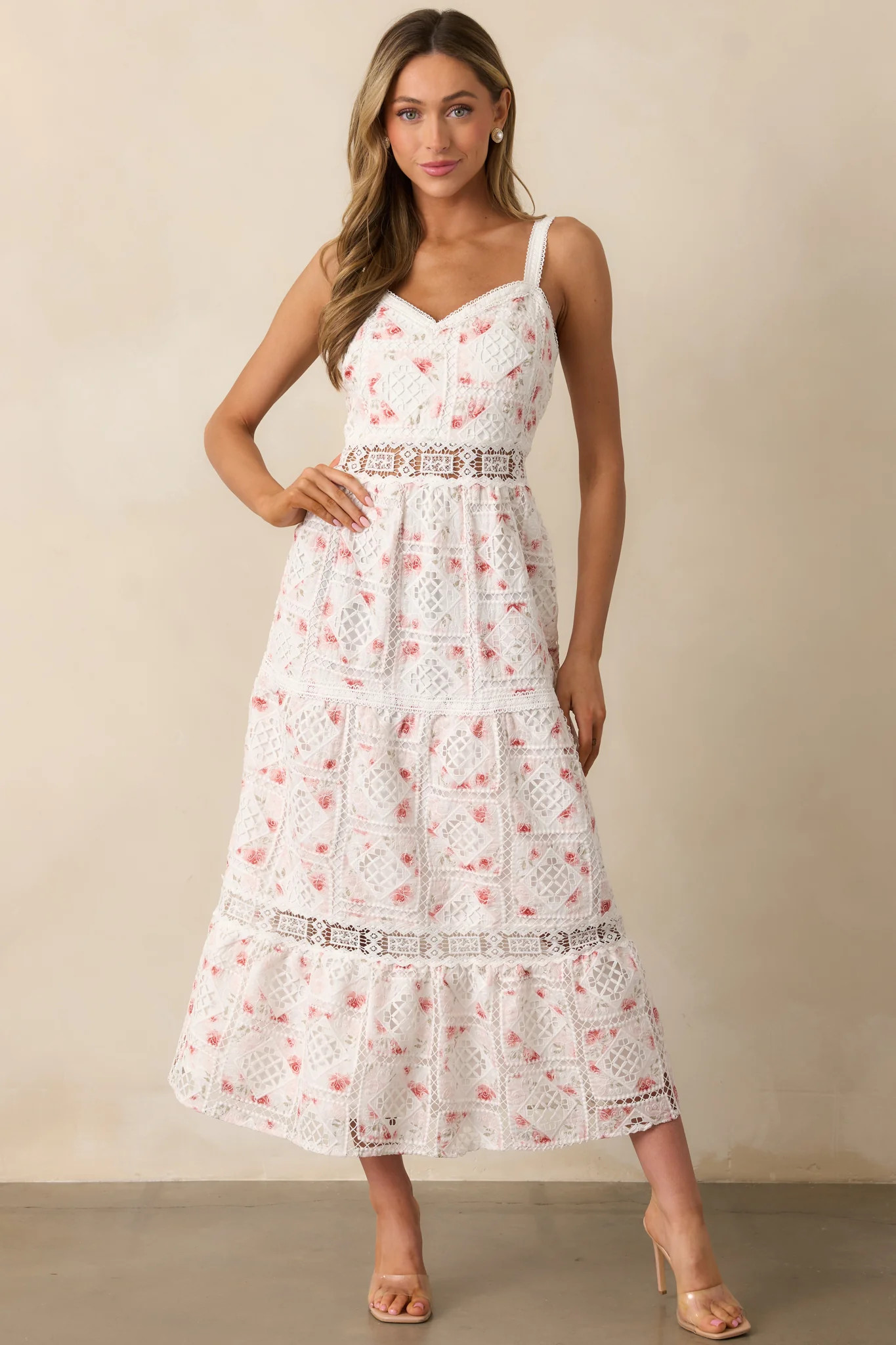 Classical Ballet White Embroidered Midi Dress | Red Dress