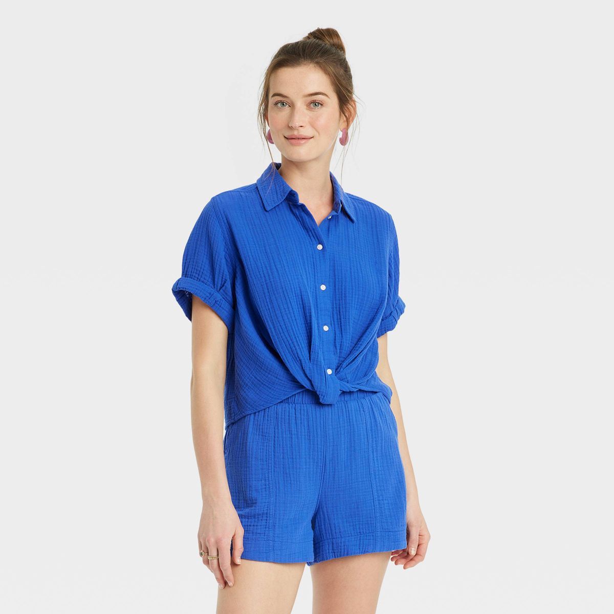 Women's Short Sleeve Collared Twist-Front Button-Down Shirt - Universal Thread™ | Target