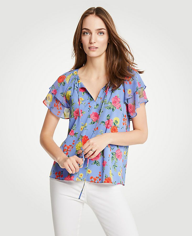 Island Floral Tiered Ruffle Sleeve Top | Ann Taylor (US)