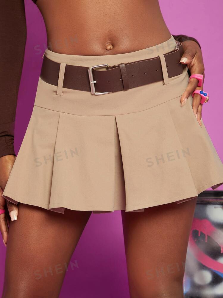 SHEIN x Luisa Sonza SHEIN ICON Solid Pleated Mini Skirt With Belt | SHEIN USA | SHEIN