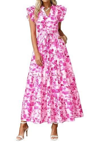 dowerme Women Summer Maxi Dresses 2026 Ruffle Sleeve V Neck Floral Boho Long Dress Belted Tiered Sundress with Pockets(Pink Flower,Medium) | Amazon (US)