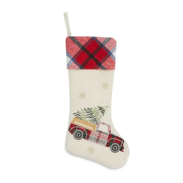 Ivory Linen Truck Stocking with Plaid Cuff, 20", by Holiday Time | Walmart (US)