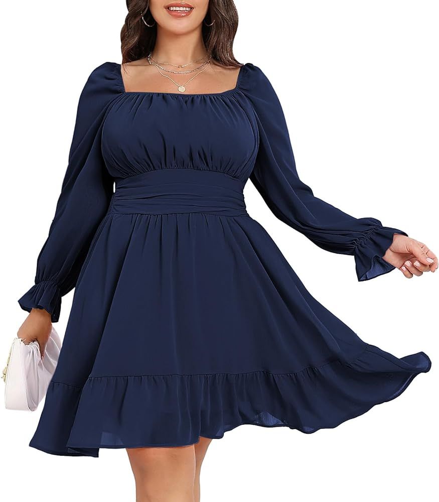 Byinns Women's 2024 Plus Size Tie Back Square Neck Mini Dress Long Lantern Sleeve Elastic Waist W... | Amazon (US)