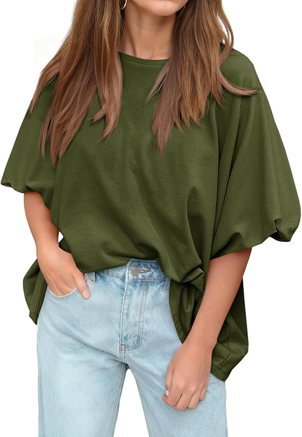 Tankaneo Womens Oversized Puff Short Sleeve T Shirt Summer Casual Crew Neck Tunic Tops Loose Fit ... | Amazon (US)