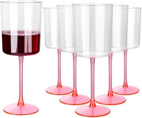 Ciaell 12 Pack 10 Oz Clear Plastic Wine Glasses with Pink Stem - Disposable Cocktail Goblets Perf... | Amazon (US)