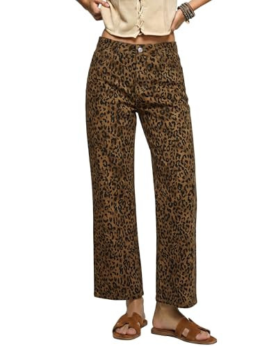 luvamia Wide Leg Jeans Woman Trendy High Waisted Cheetah Print Leopard Pants Bell Bottom Ankle Length Country Concert Outfits for Women Jeans High Waist Soft Stretch Brown Cheetah Size Medium 8 to 10 | Amazon (US)