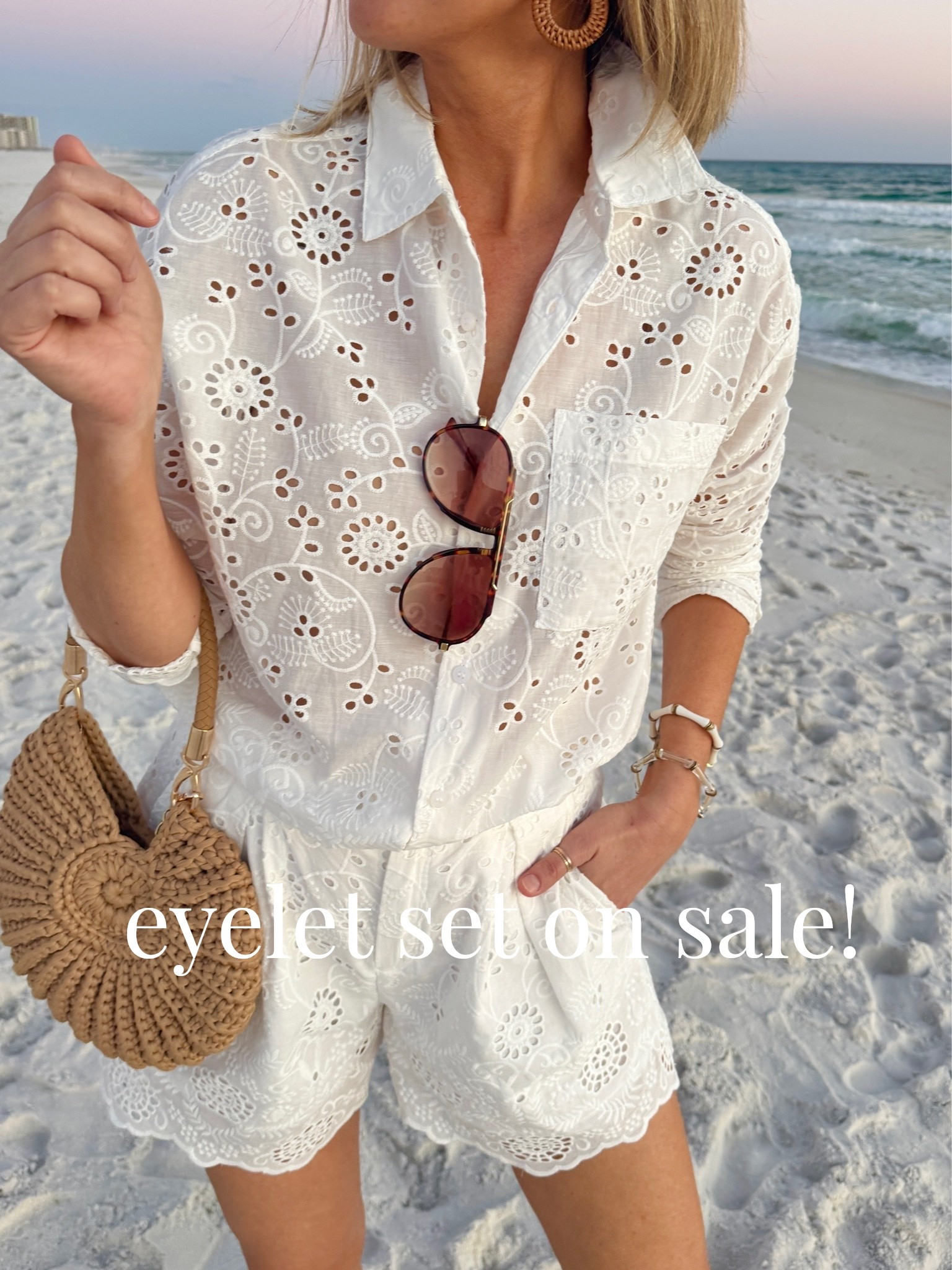 Eyelet set on Sale!  The perfect vacation set you can remix. If between sizes go up in the shorts.

#LTKootd #LTKTravel #LTKSaleAlert