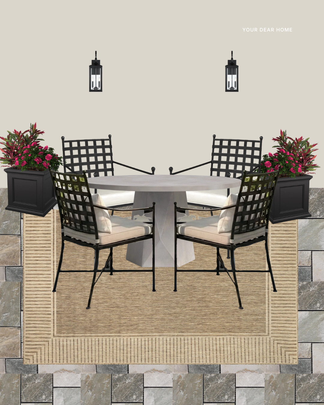 #ad, @wayfair, #wishyouwerehere, #outdoor, #Wayfair, #WayfairPartner.

A timeless outdoor dining setup that feels elevated but still easygoing. The round pedestal table keeps the layout open while the black metal chairs add contrast against the warm neutral rug. Paired with simple lantern lighting and planters, this setup creates a beautiful spot for outdoor dinners or weekend brunch in the backyard. 

 #LTKSeasonal #LTKHome