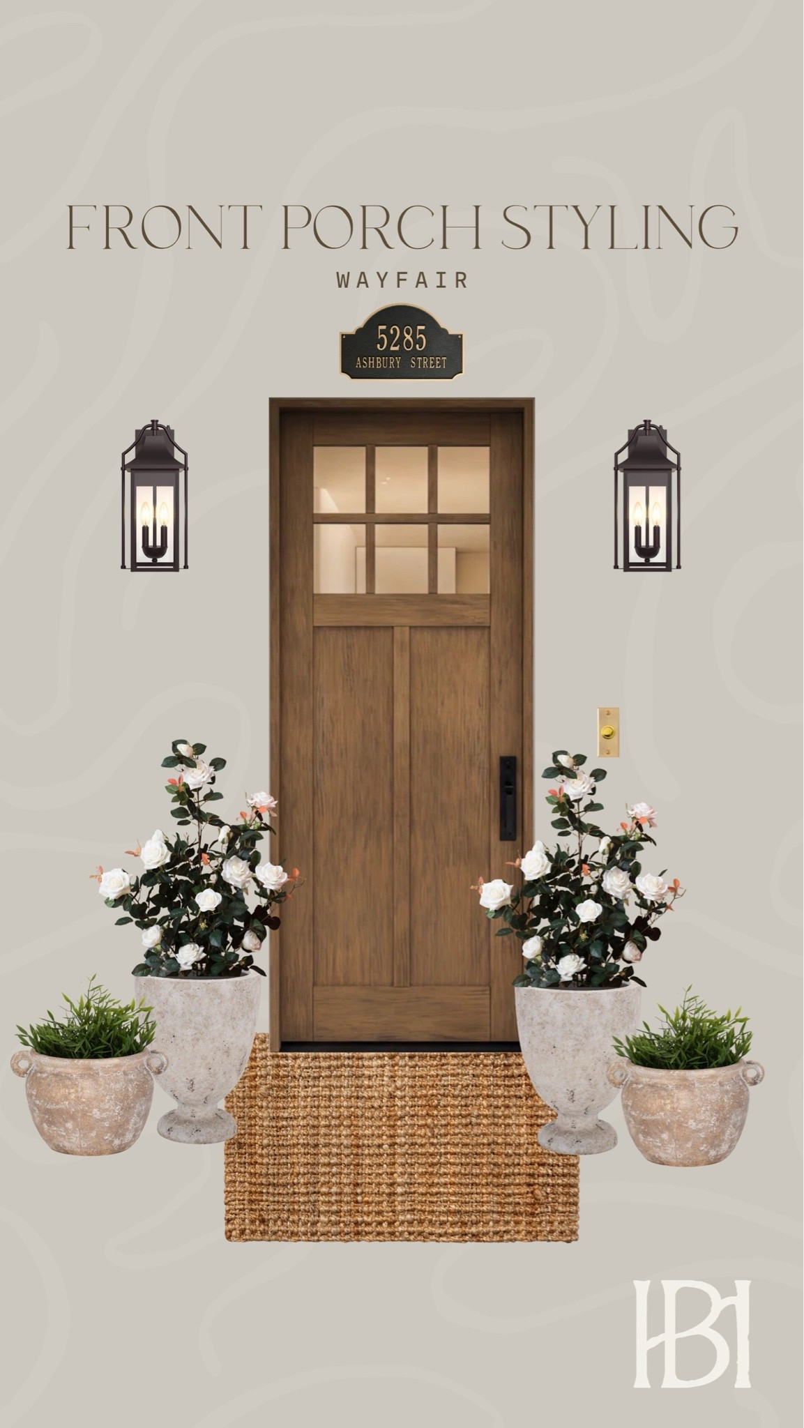 Front porch styling with neutral home finds from Wayfair 😍 Love this wooden front door, black lanterns, and pretty planters with faux florals.