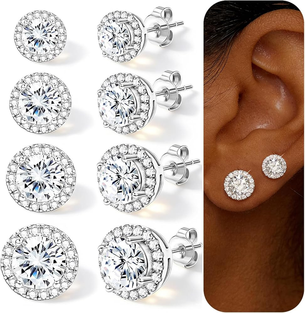 4 Pairs Silver Stud Earrings for Women, 18K Silver Plated Hypoallergenic Premium Cubic Zirconia E... | Amazon (US)