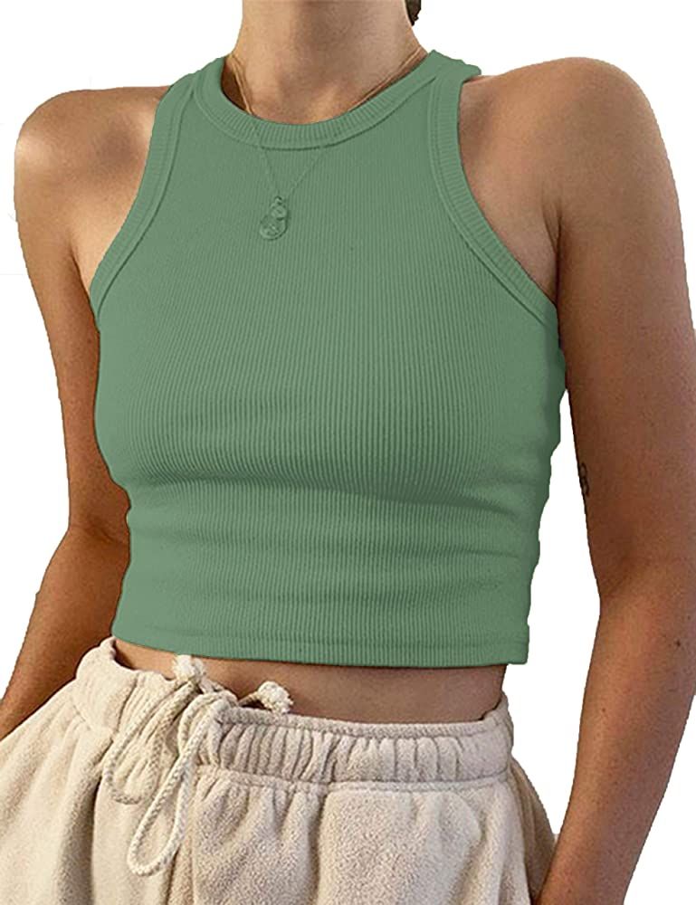 Women's Round Neck Basic Racerback Camisole Rib-Knit Solid Sleeveless Crop Tank Tops | Amazon (US)