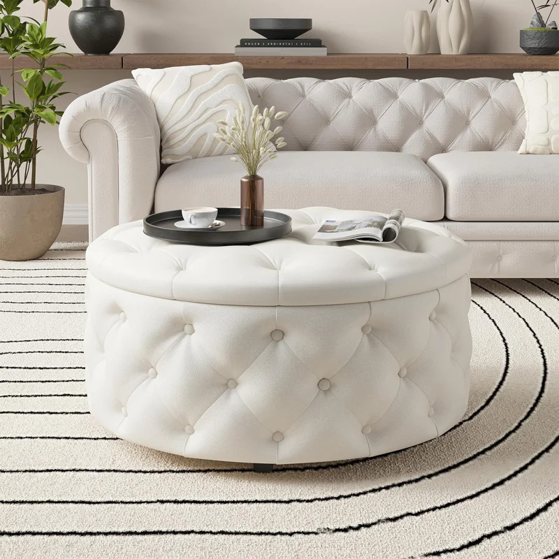 30 Inch Round Storage Ottoman, Large Circle Coffee Table With Storage Tray, Modern Button Footsto... | Wayfair North America