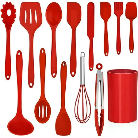 Walchoice 14 Pcs Cooking Utensils Set with Holder, Heat Resistant Silicone Kitchen Cookware Utensils Set, Kitchen Cooking Tools Includes Spatula Spoon Turner Whisk Tong, Dishwasher safe, Red | Walmart (US)