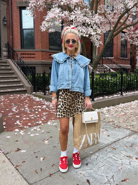 Leopard mini dress (exact is from Zara) / Peter Pan collar denim jacket (size: XS petite) / Boston outfit / Boston style / red adidas gazelle bold sneakers / Boston spring style / 

#LTKU #LTKtravel #LTKstyletip