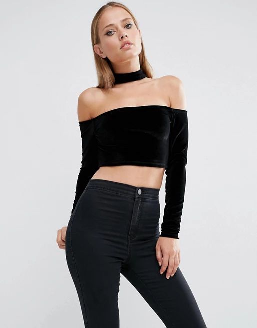 ASOS Off Shoulder Top With Choker Detail In Velvet at asos.com | ASOS US