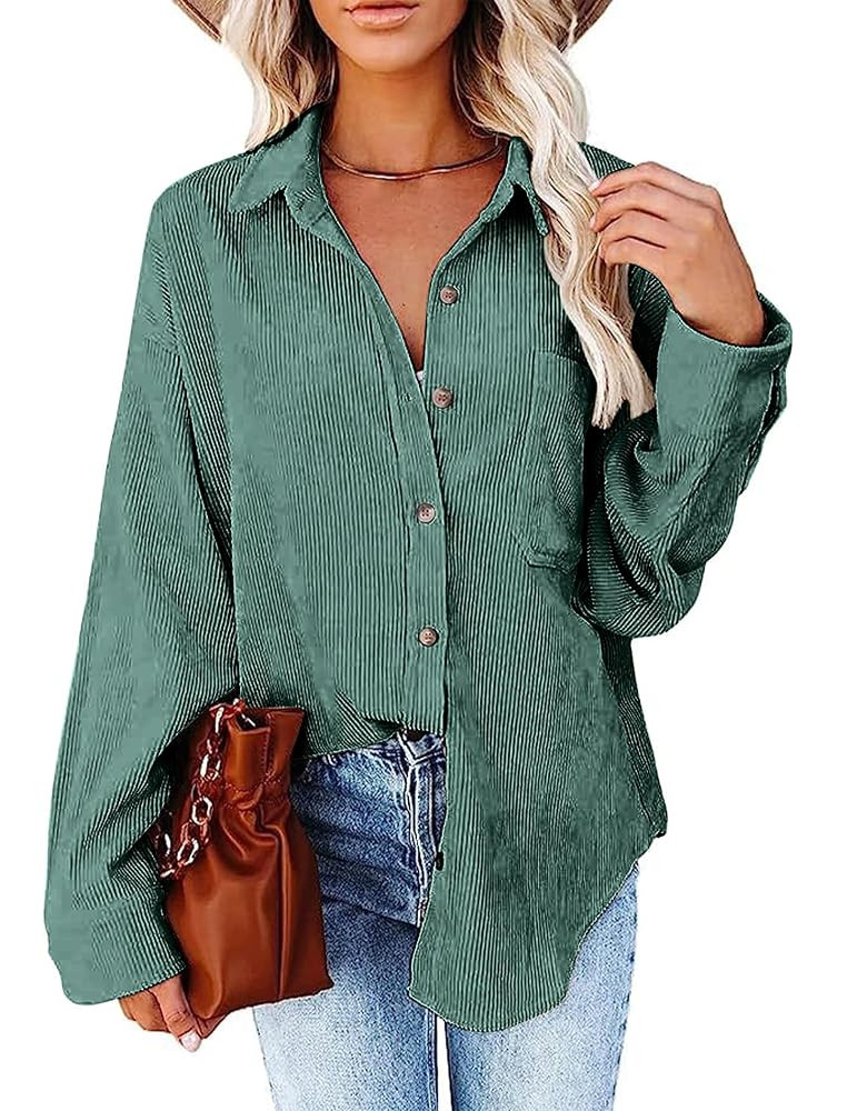SEMARO Womens Casual Long Sleeve Button Down Shirts Corduroy Oversized Boyfriend Blouse V Neck Lo... | Amazon (US)