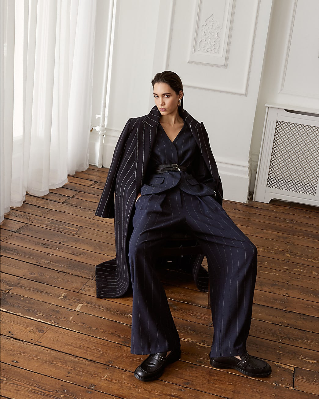 Navy Pinstripe Low Waist Trousers | River Island UK & IE