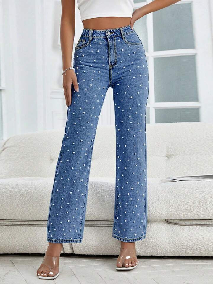 Women's Straight Leg Jeans Classic Mid Waist Non Stretch Denim Pants With Pearl Rhinestones | SHEIN