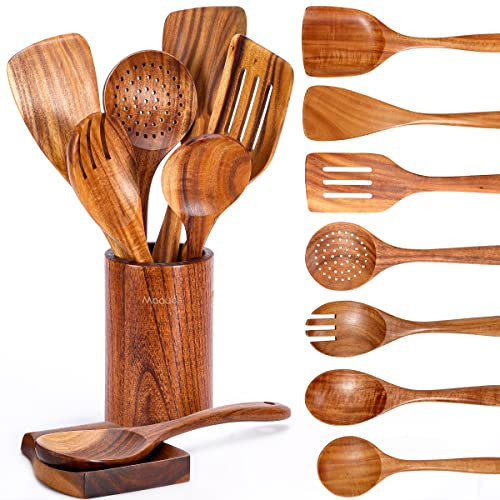 Mooues 9 Piece Natural Teak Wooden Kitchen Utensil Set with Spoon Rest - Comfort Grip Cooking Spoons and Utensils Holder | Amazon (US)